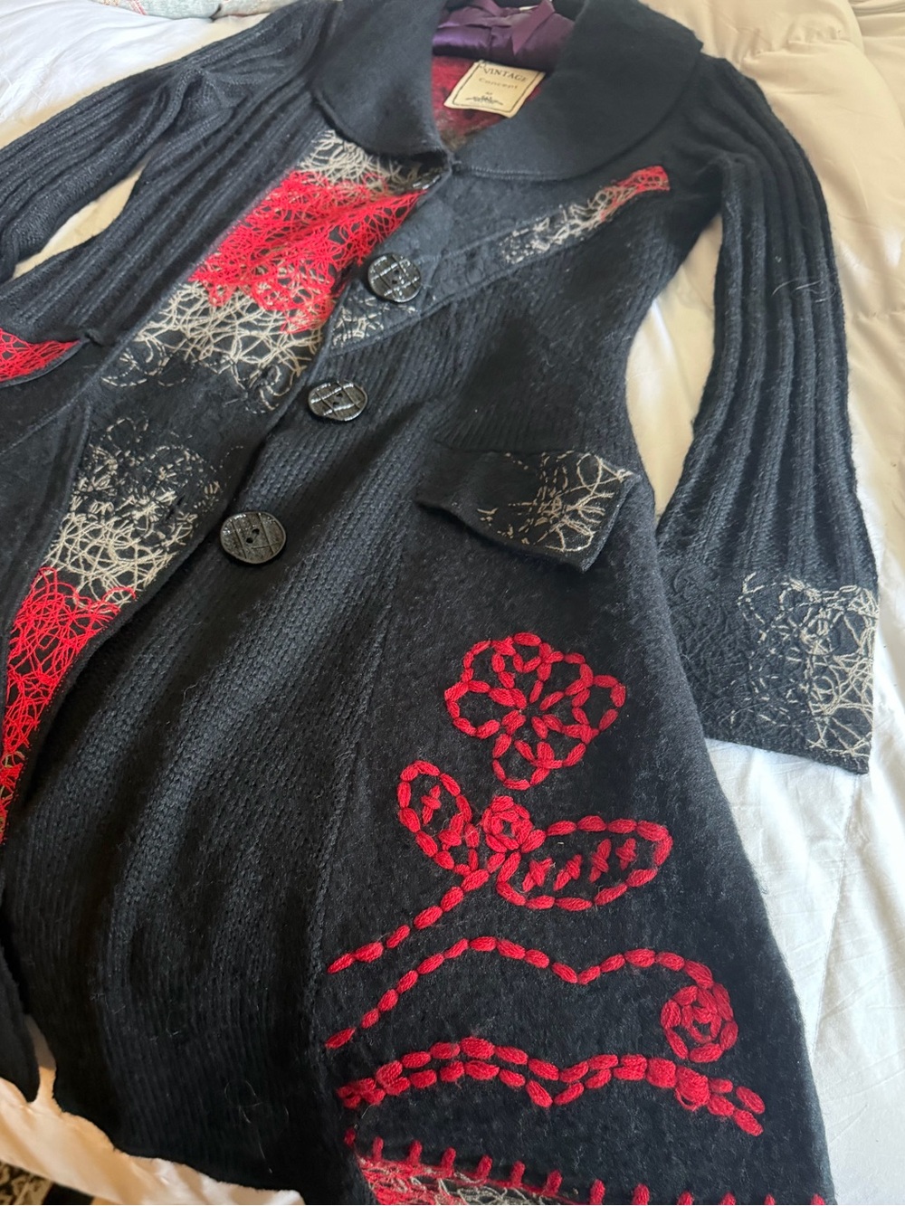 Vintage Concept Black Wool Blend Sweater Coat with Red Accents